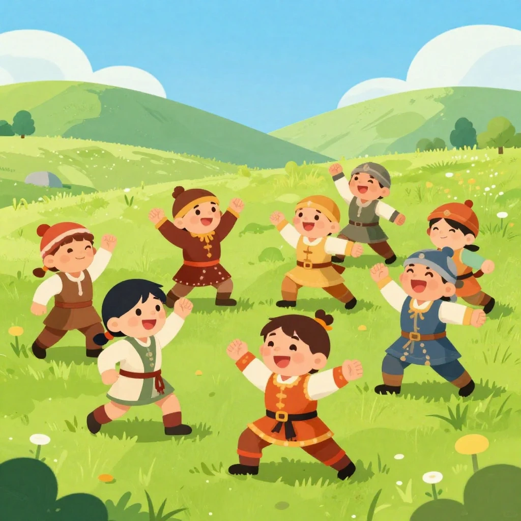 A group of cheerful, cartoonish children, dressed in stylize...