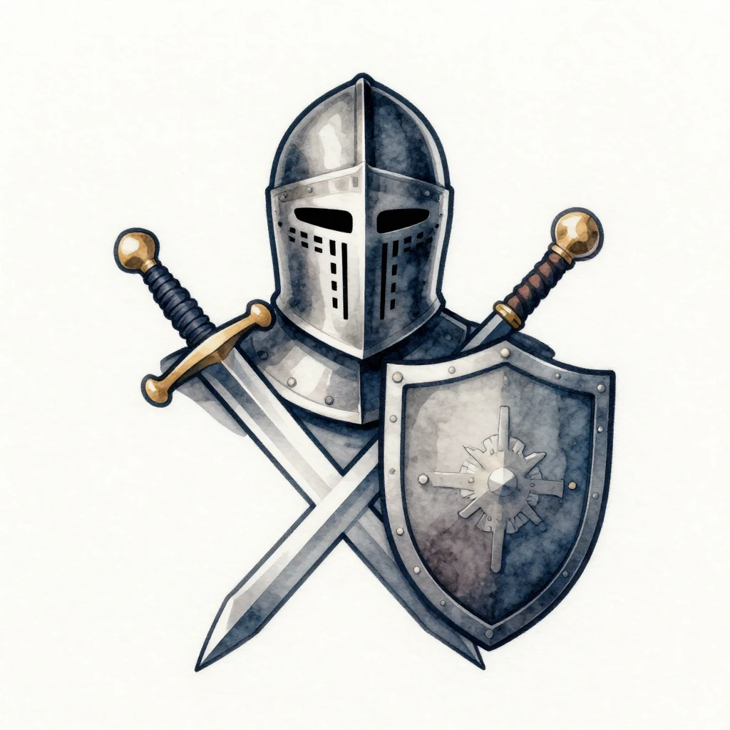 Watercolor illustration of a knight's helmet and a crossed s...