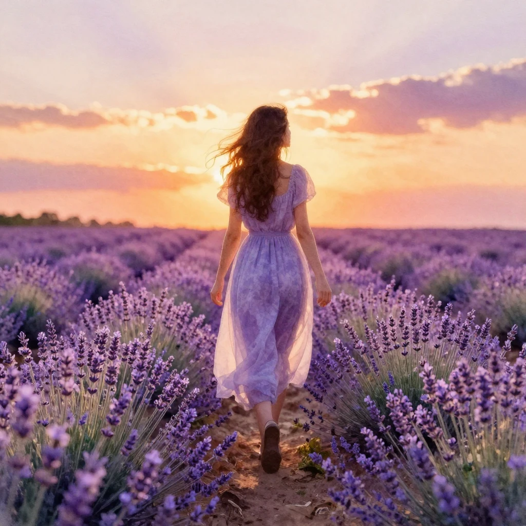 Watercolor style. A graceful silhouette of a woman walking t...