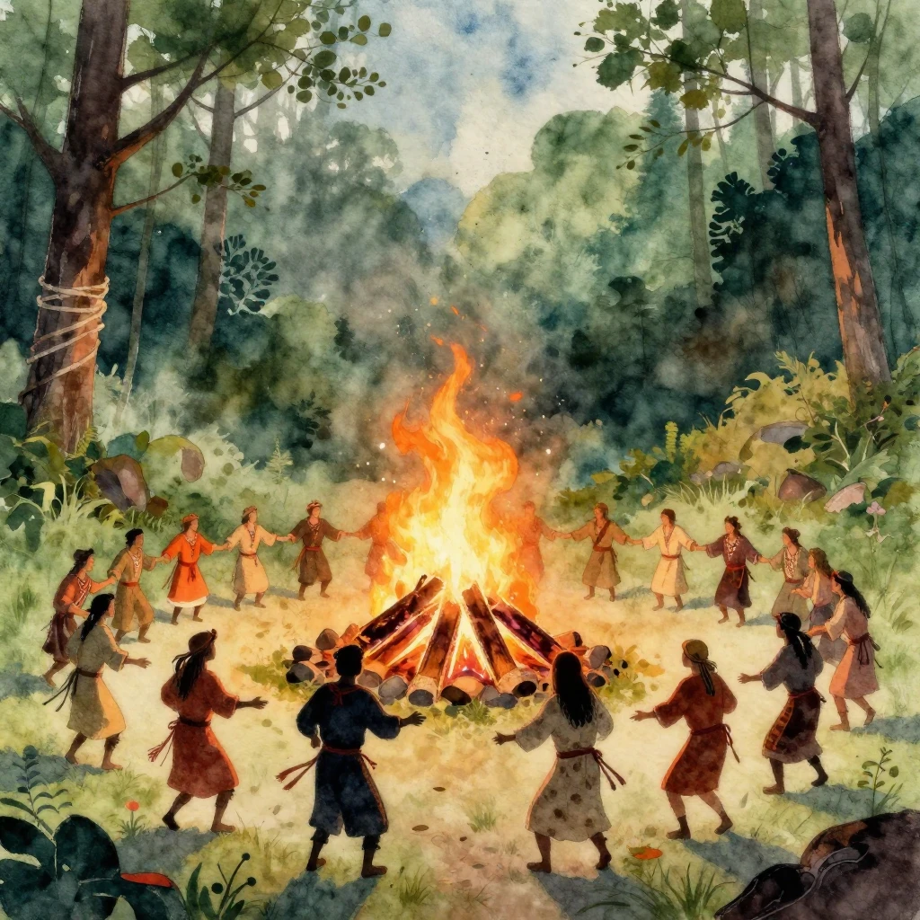 An ancient Slavic pagan ritual scene, featuring a large bonf...