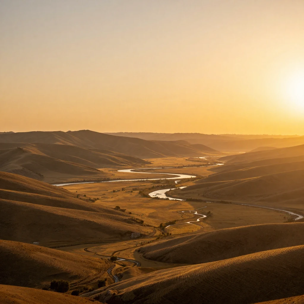A vast golden valley landscape, seen from a high vantage poi...
