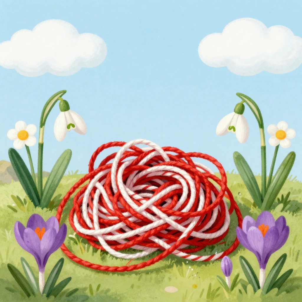 A vibrant illustration of a traditional Mărțișor, with red a...