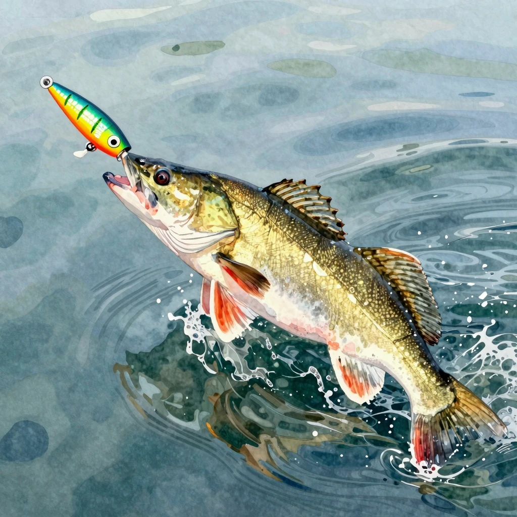 Vibrant watercolor style. A large, aggressive zander (pike-p...