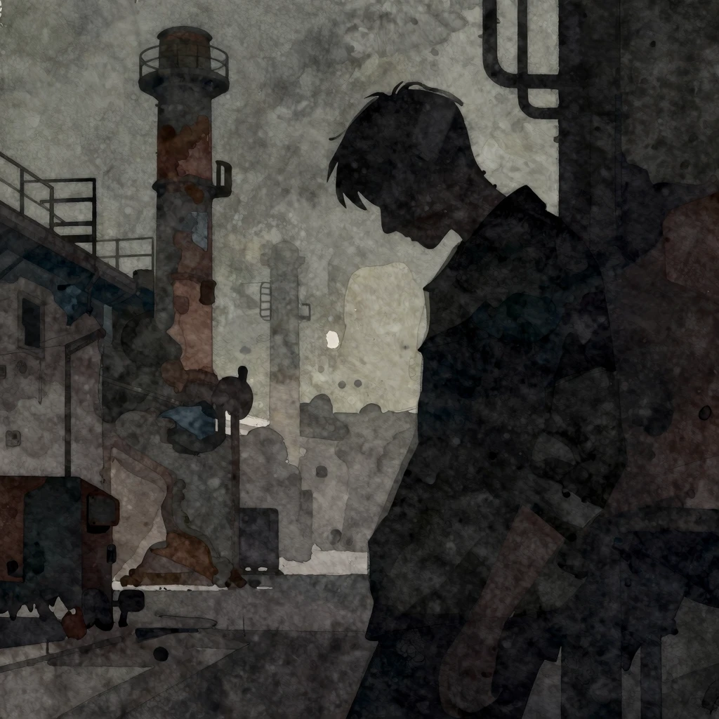 A gritty, stylized illustration in watercolor style, depicti...