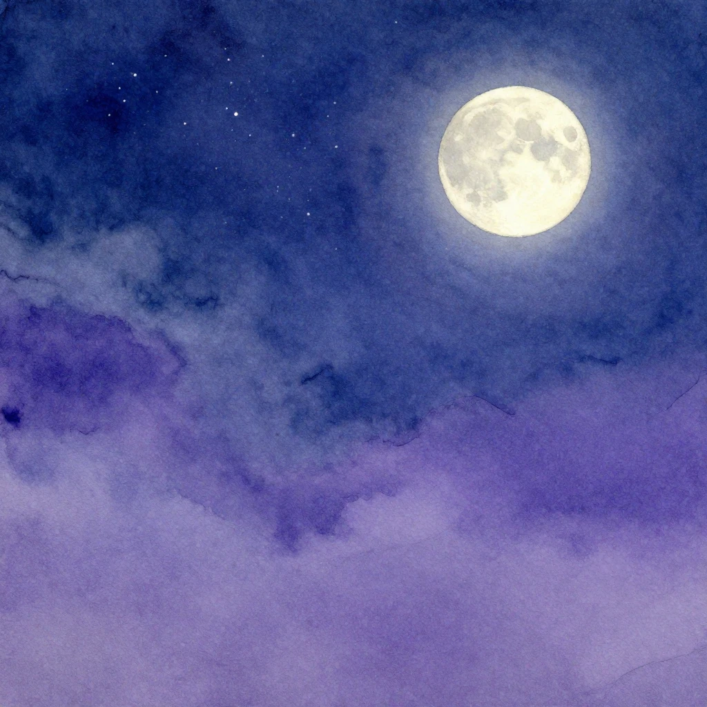 A night scene painted in watercolor style, featuring soft bl...
