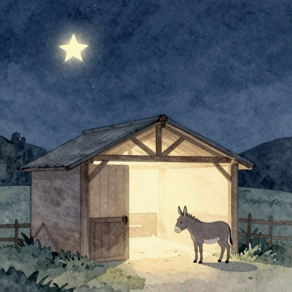 A minimalist watercolor illustration of a humble stable unde...