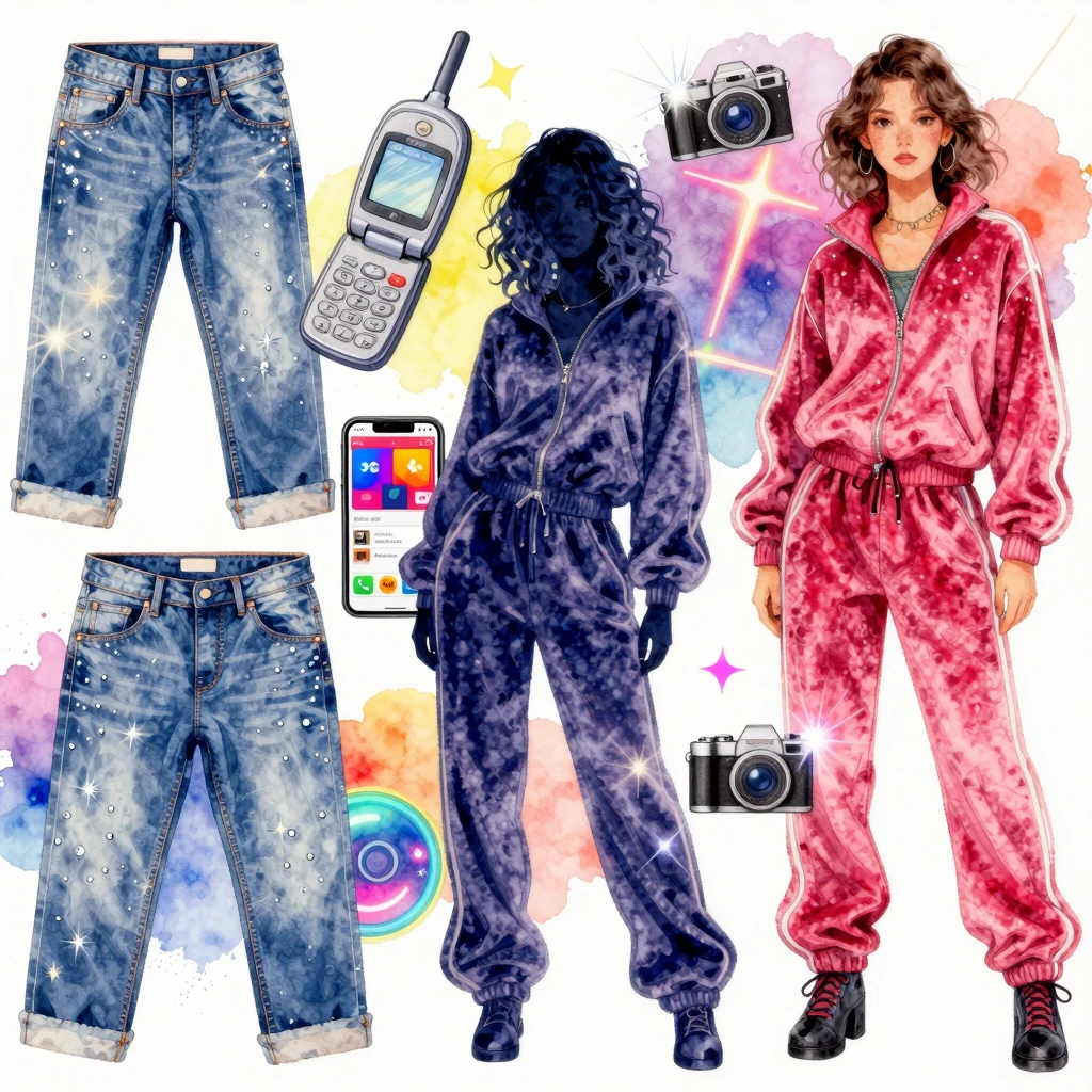Vibrant watercolor illustration of 2000s fashion elements: l...