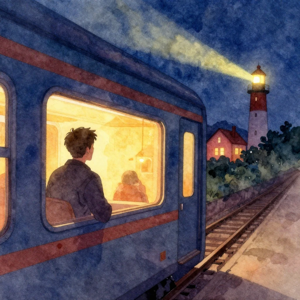 Vibrant watercolor style. A train journey at night, a silhou...