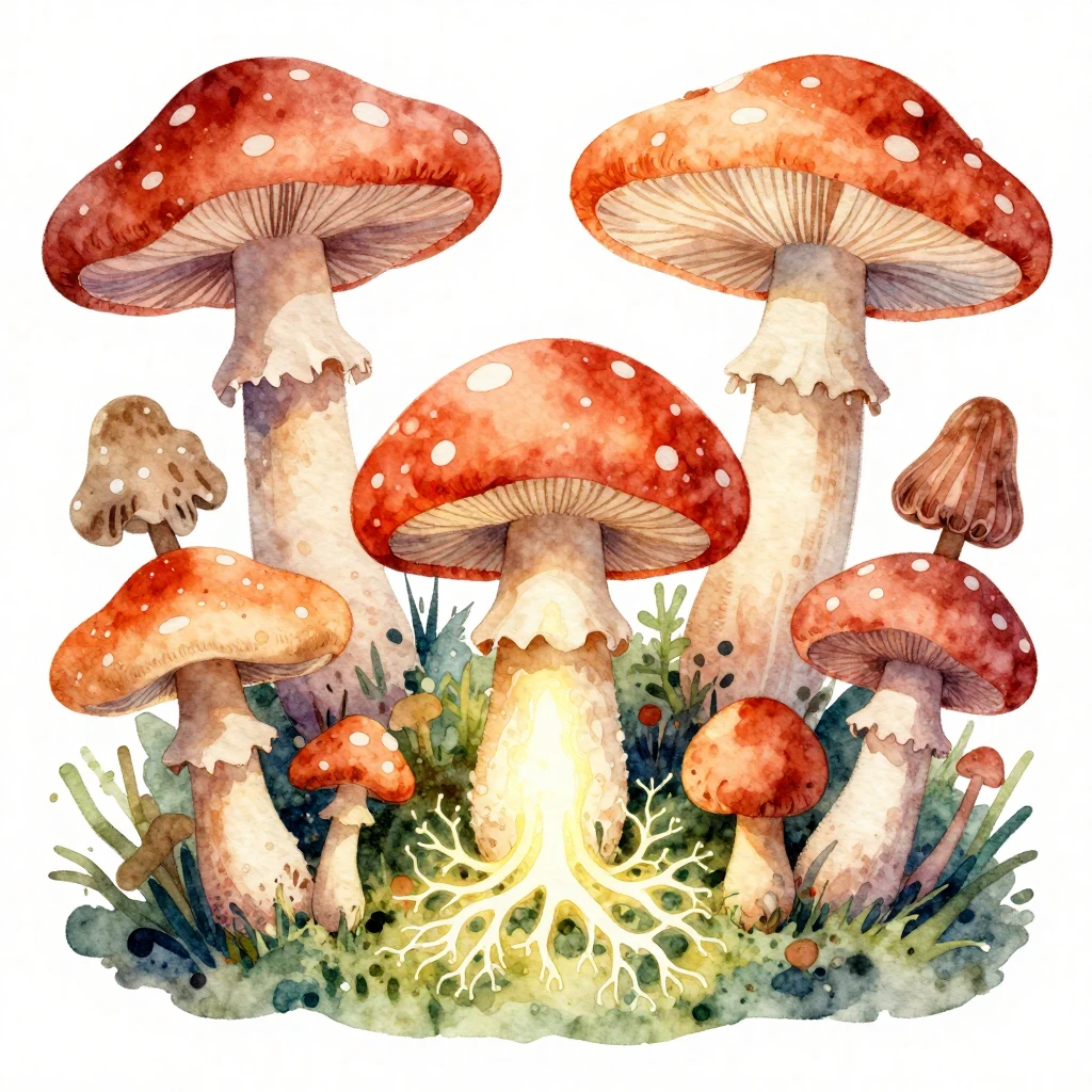 A vibrant watercolor illustration of various stylized fungi ...