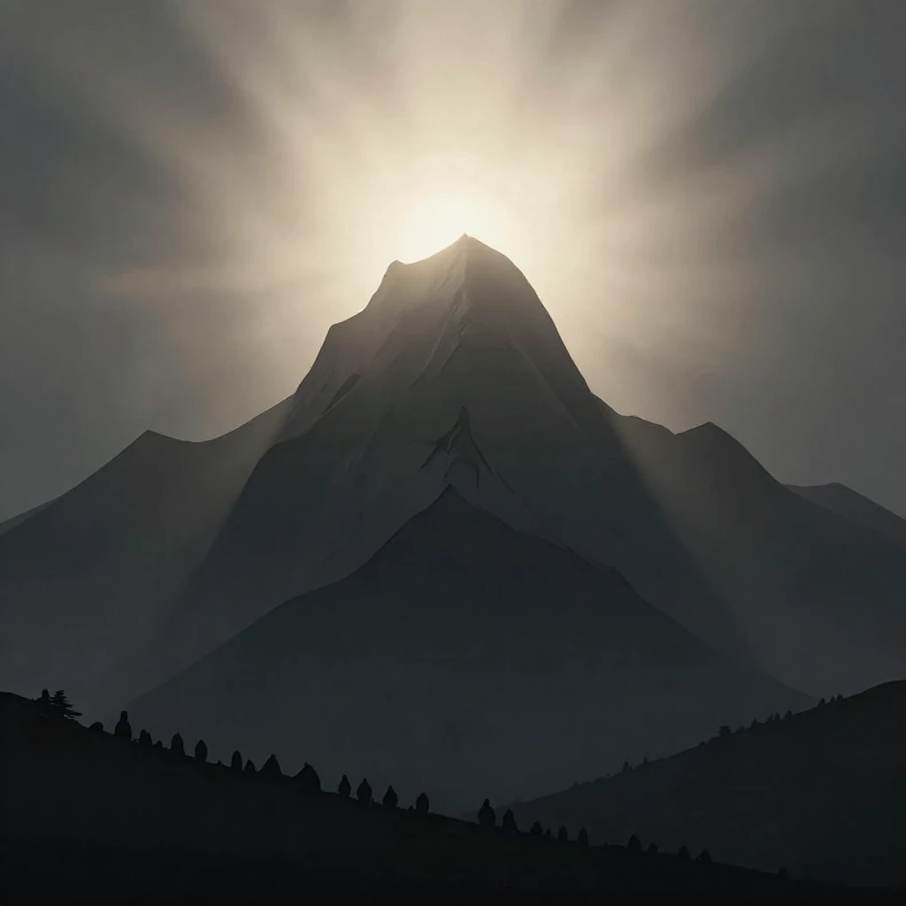 A majestic, stylized mountain peak, bathed in radiant, ether...