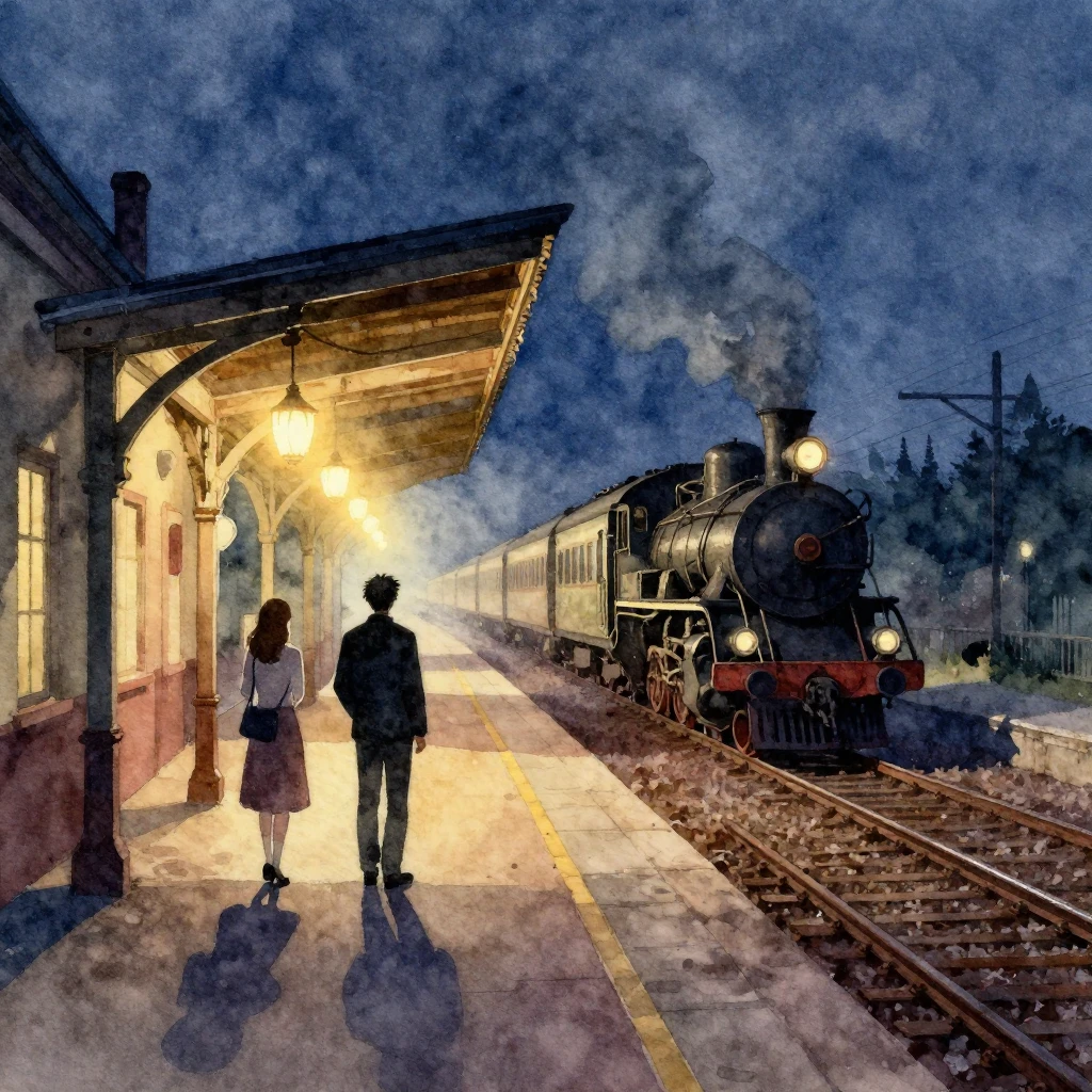 Watercolor painting of a lonely railway station at night, si...