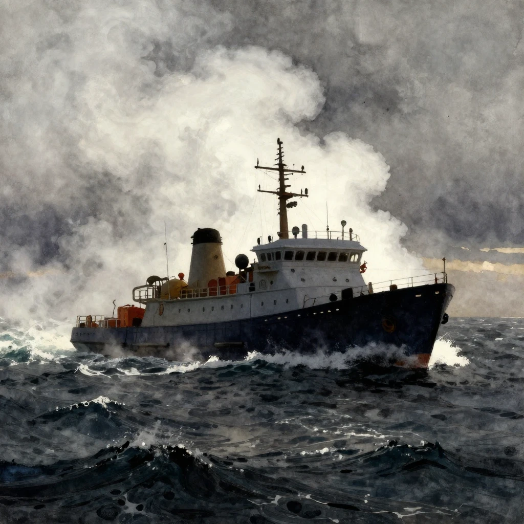 A sturdy rescue ship, silhouetted, navigating through thick ...