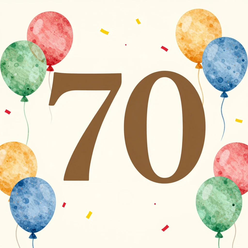 An artistic illustration celebrating a 70th birthday. Featur...