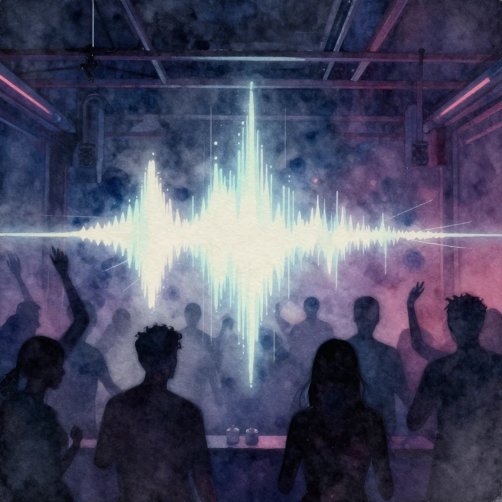 A vibrant watercolor painting of a minimalist techno party. ...