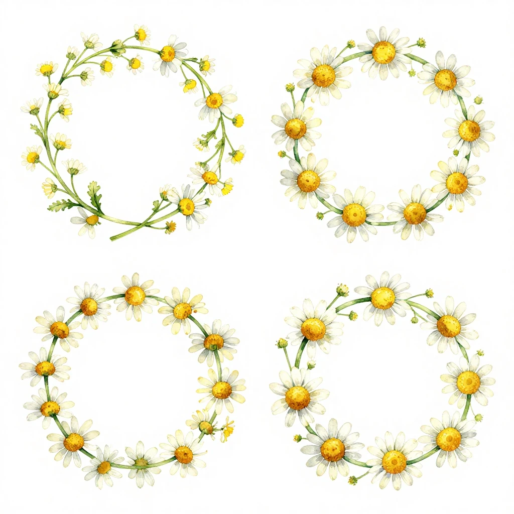 A vibrant watercolor illustration featuring chamomile wreath...