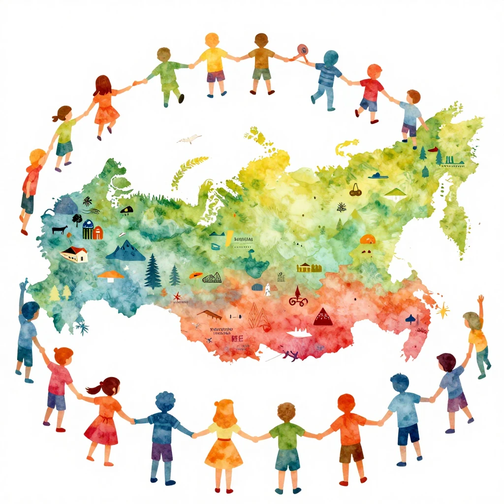 A vibrant, artistic map of Russia, incorporating cultural sy...