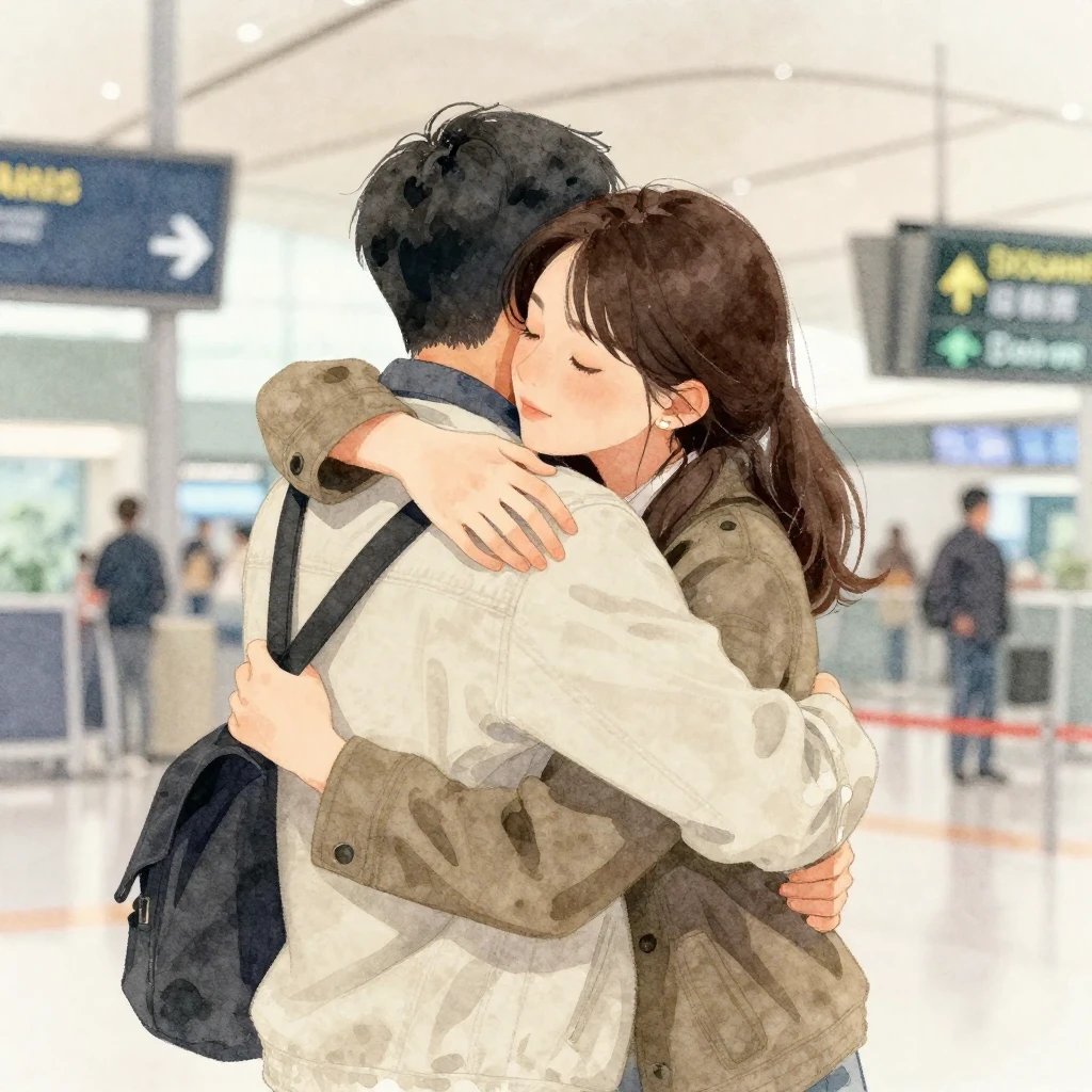 A watercolor illustration of two people embracing at an airp...