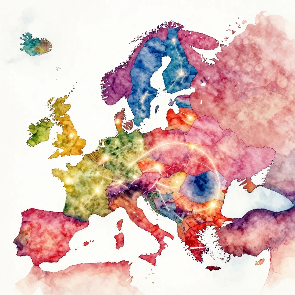 Vibrant watercolor style. Abstract map of Eastern Europe, in...
