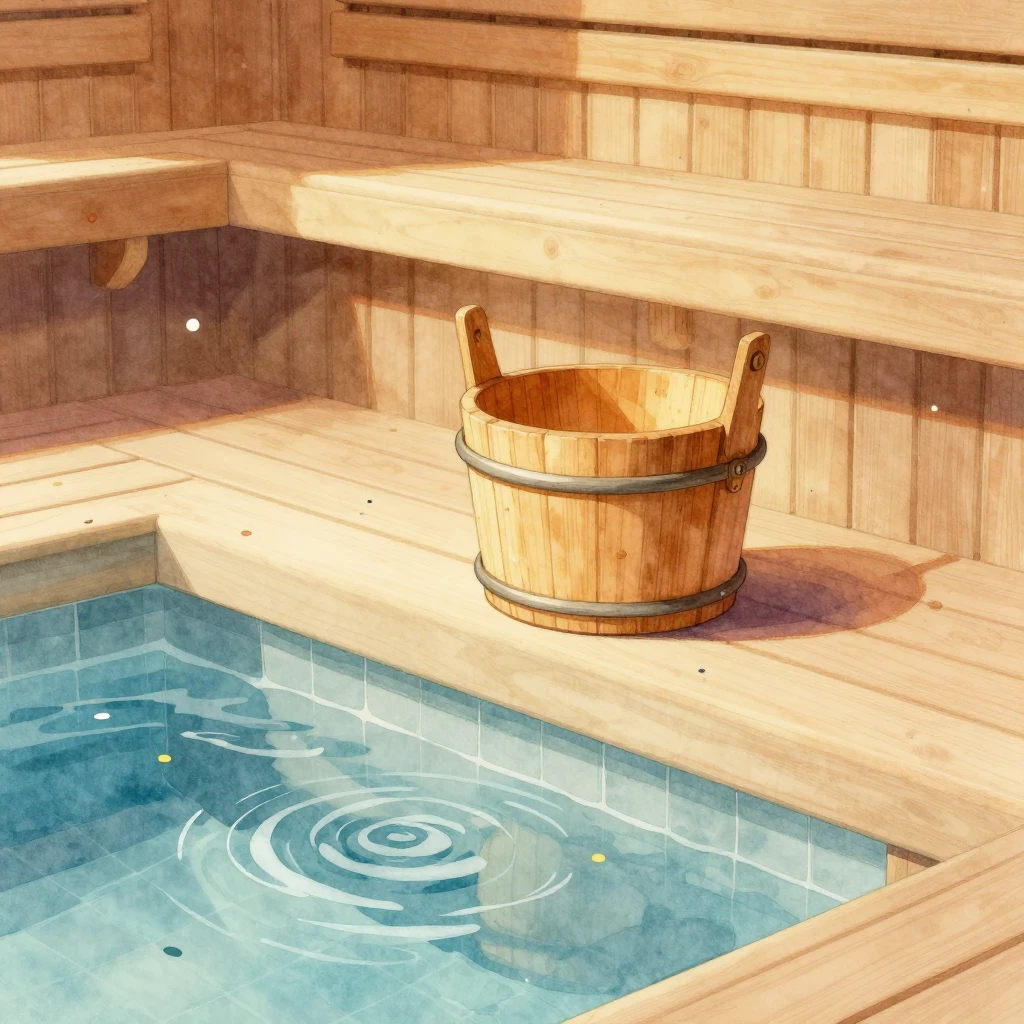 A watercolor painting of a sauna relaxation scene. A wooden ...