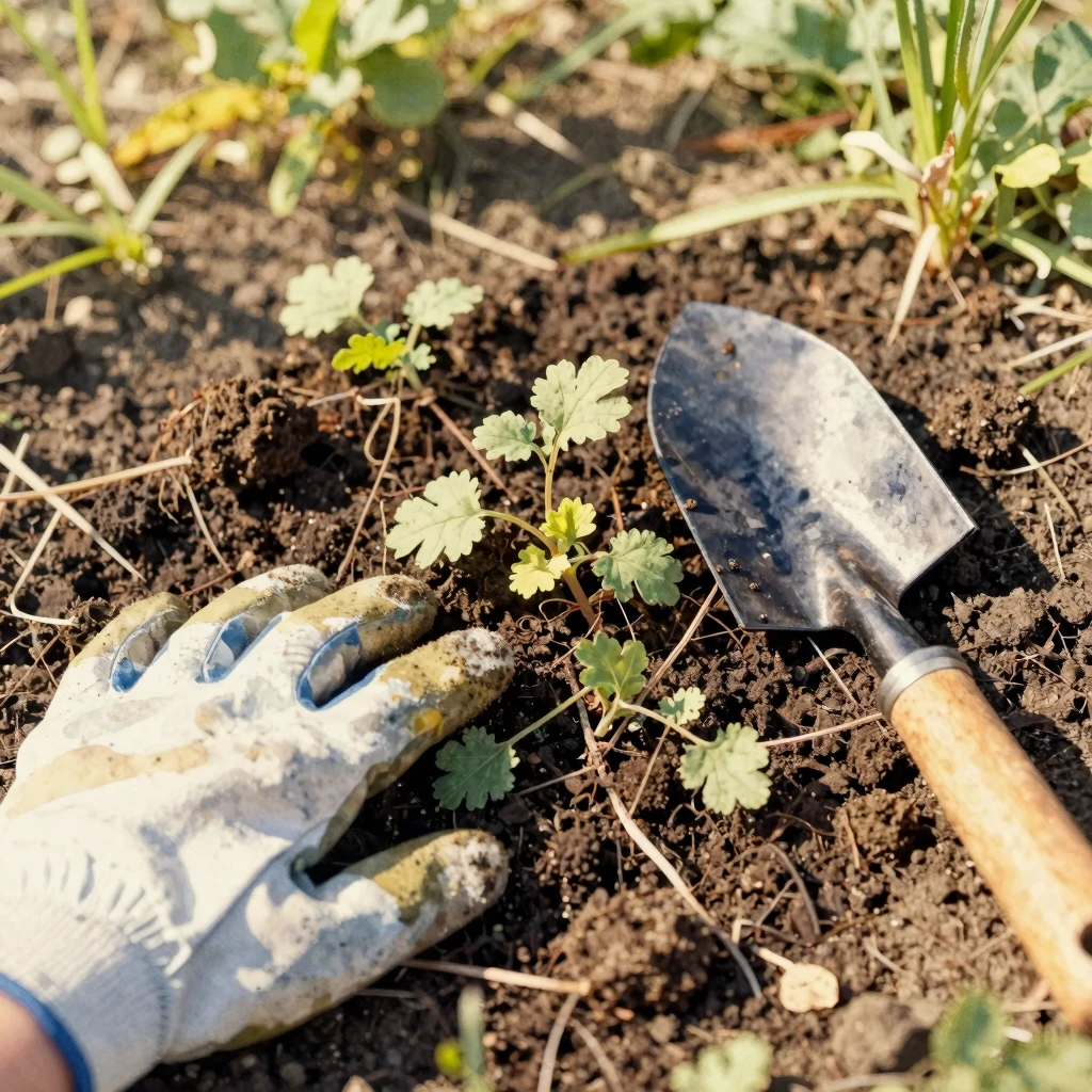 Close-up of dark soil with pulled weeds, gardening gloves an...