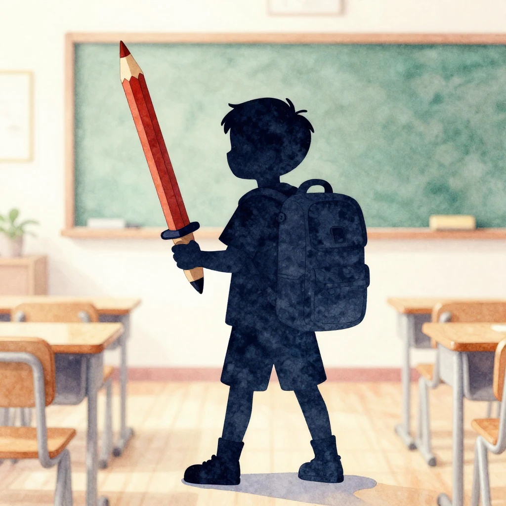 Watercolor style. A silhouette of a young boy wearing a larg...