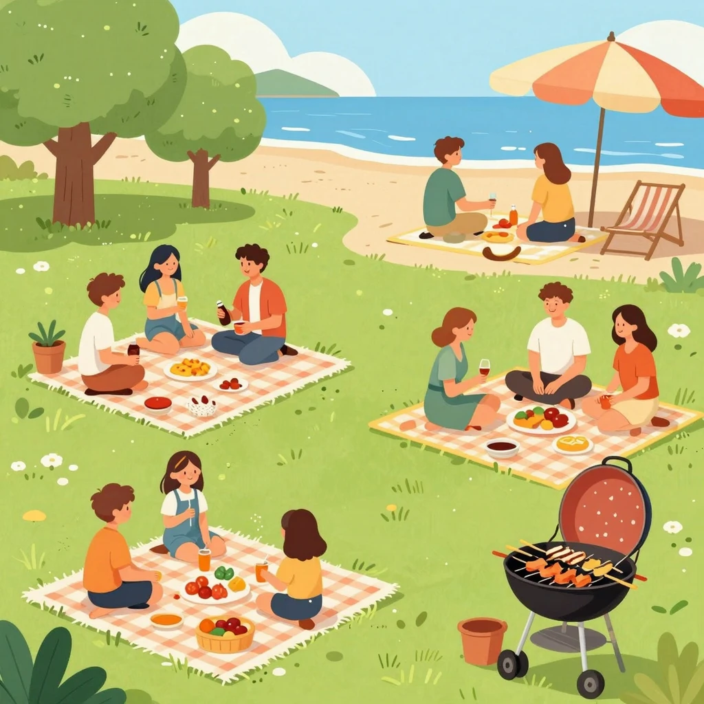 A bright and cheerful illustration depicting various summer ...