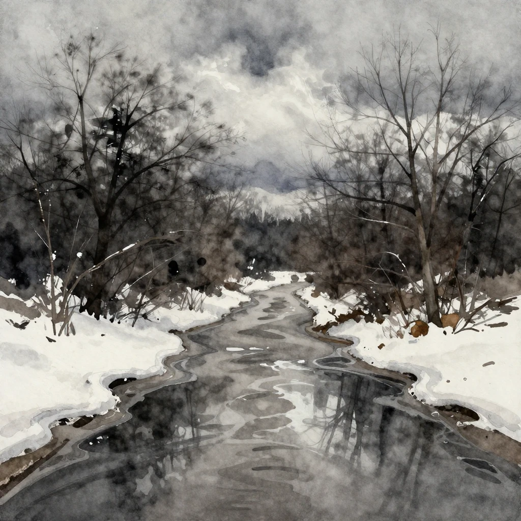 Watercolor painting of a gloomy gray spring day, melting sno...