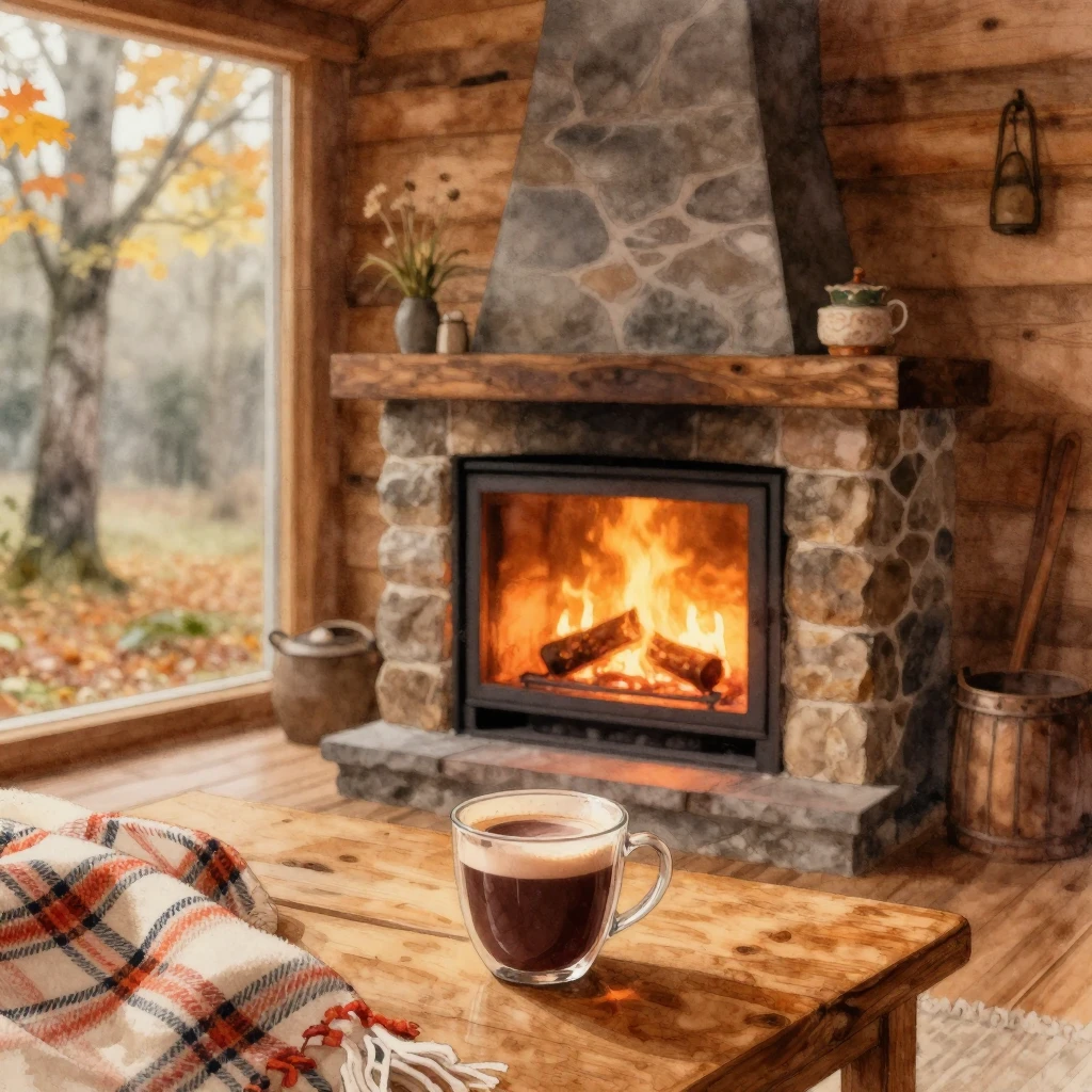 A cozy cabin with a warm fireplace, surrounded by autumn tre...