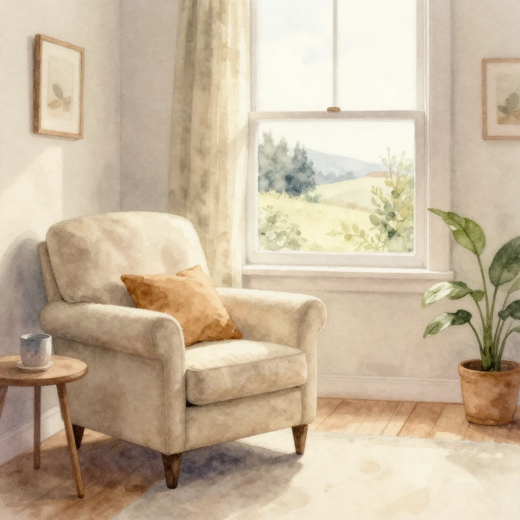 A warm, inviting watercolor scene depicting a cozy interior,...