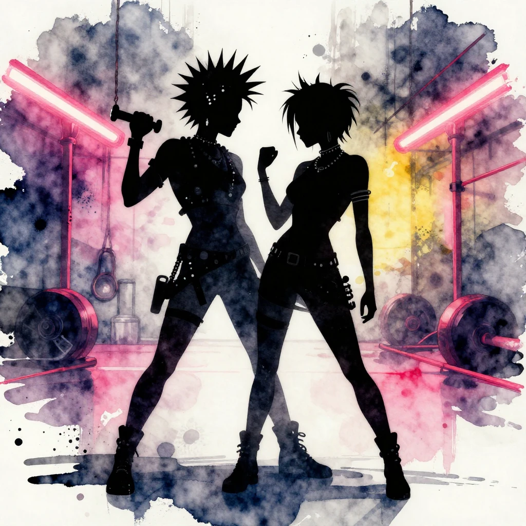 Watercolor style. A silhouette of a couple in a high-contras...