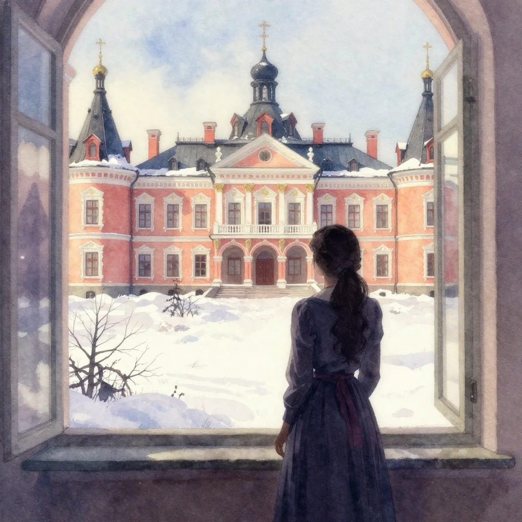 A vibrant watercolor style image of a grand, old Russian est...