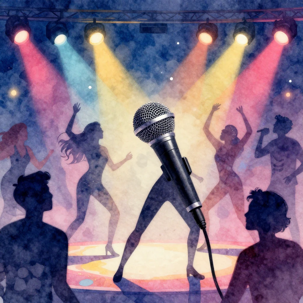 A vibrant watercolor illustration of a karaoke night scene. ...