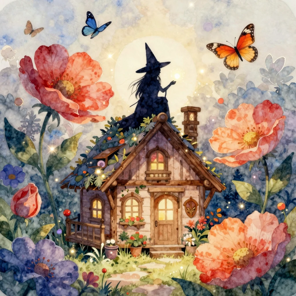 Watercolor painting of a cozy wooden cottage surrounded by v...