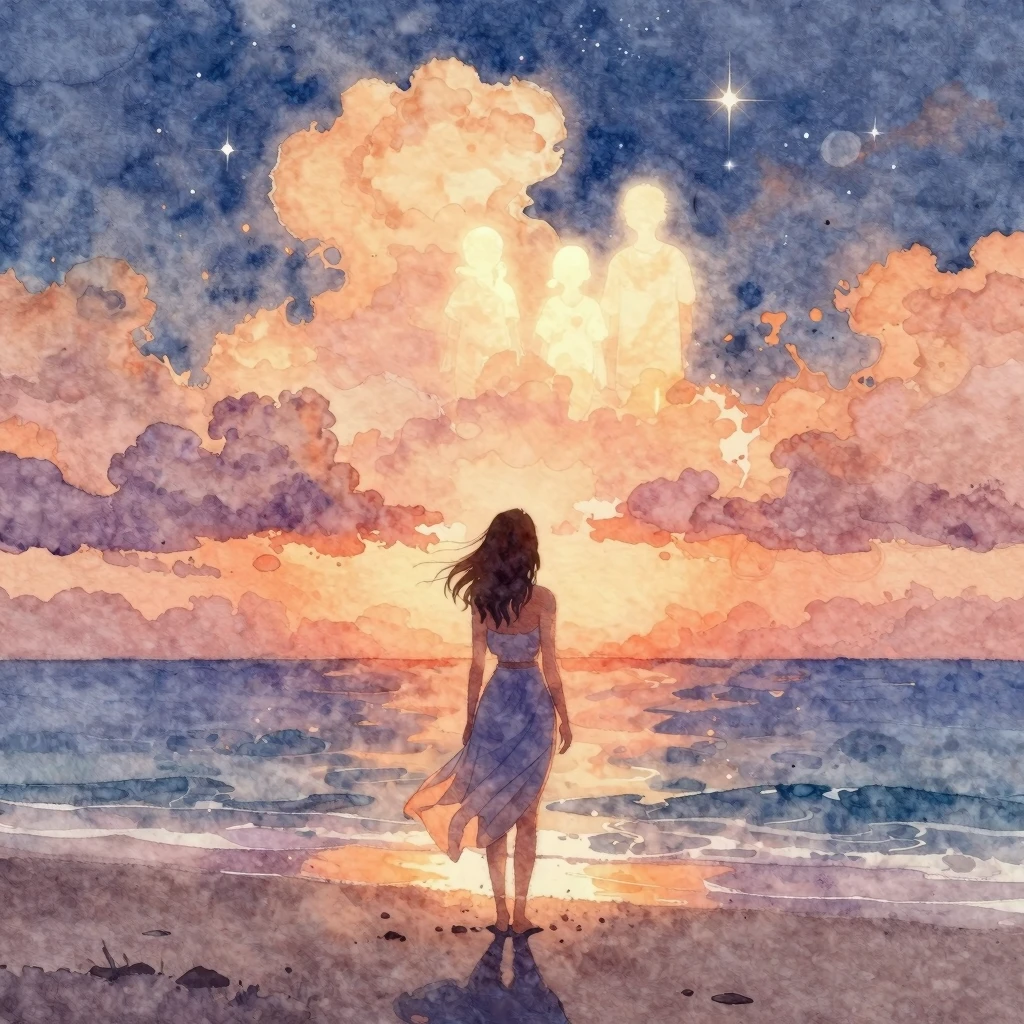 Watercolor painting of a silhouette of a woman standing on a...