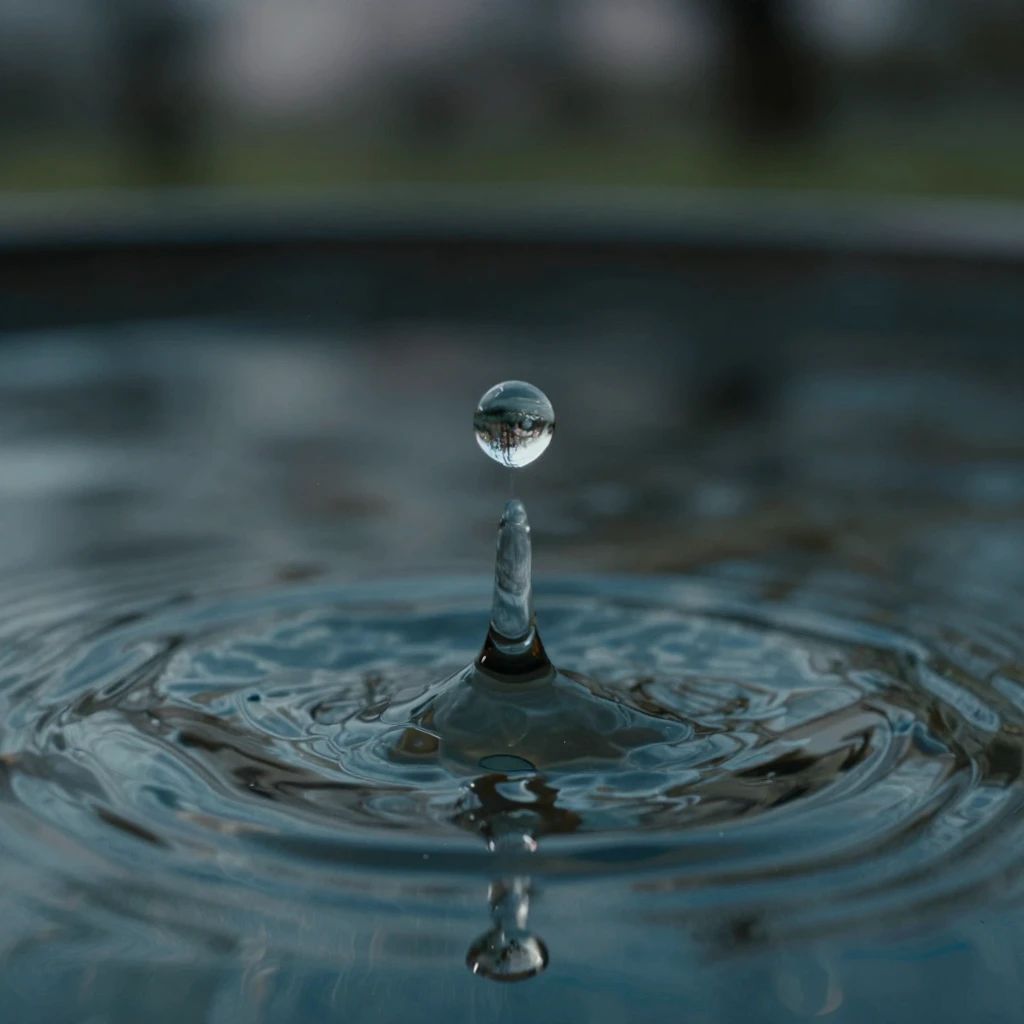 A close-up of a single water drop falling into a still pool,...