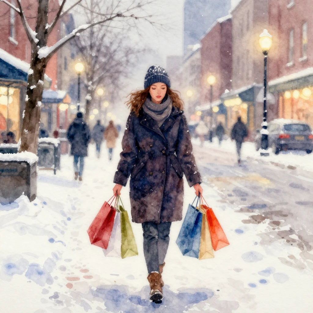 Watercolor painting of a woman carrying shopping bags walkin...