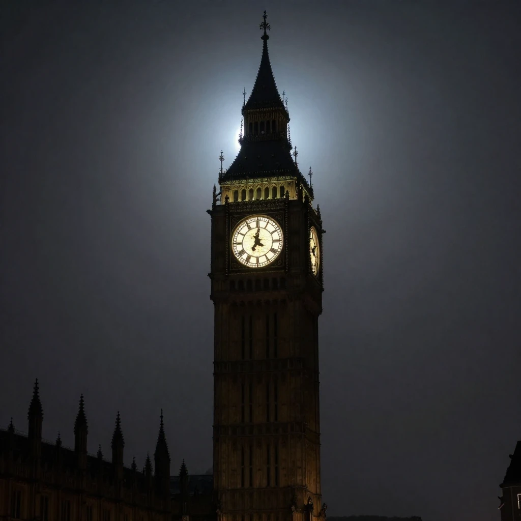 A majestic, towering clock tower stands as a stark silhouett...