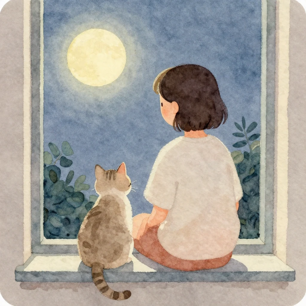 A watercolor folk art illustration showing a person and a ca...