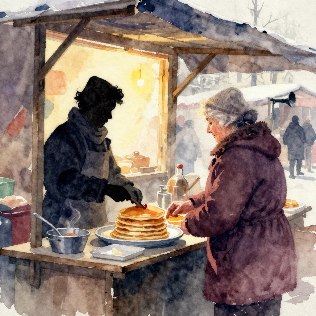 A winter market scene in Odessa, rendered in a vibrant water...