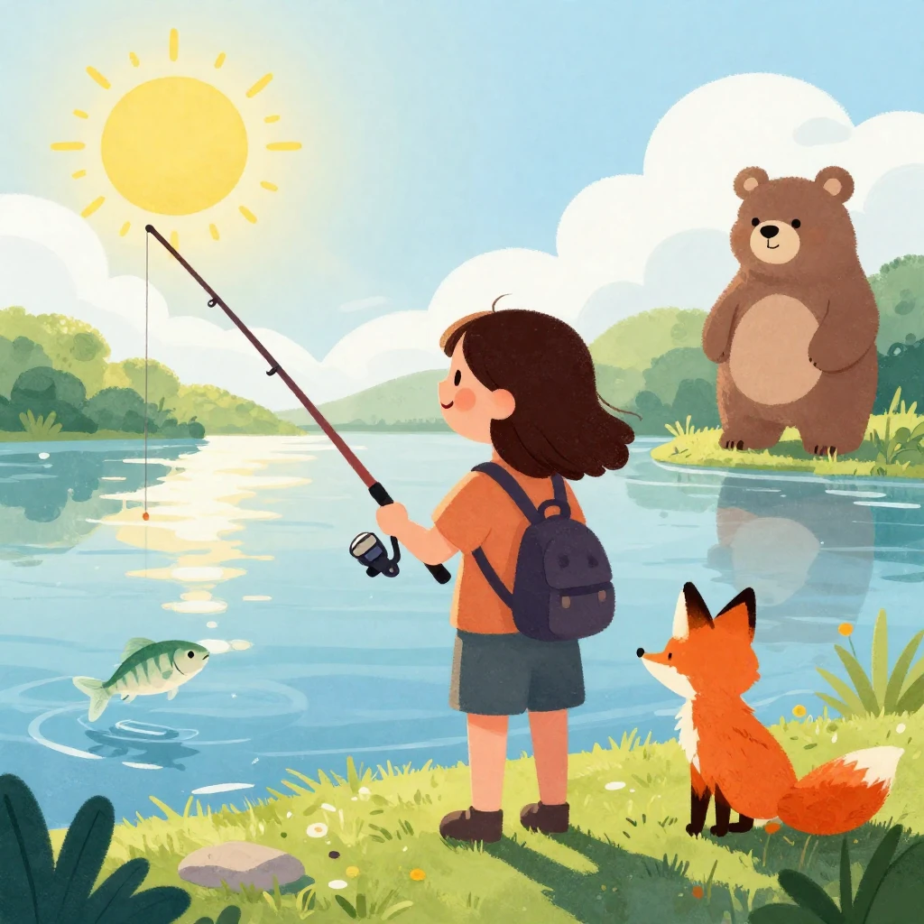 A happy, stylized silhouette of a girl with a fishing rod by...