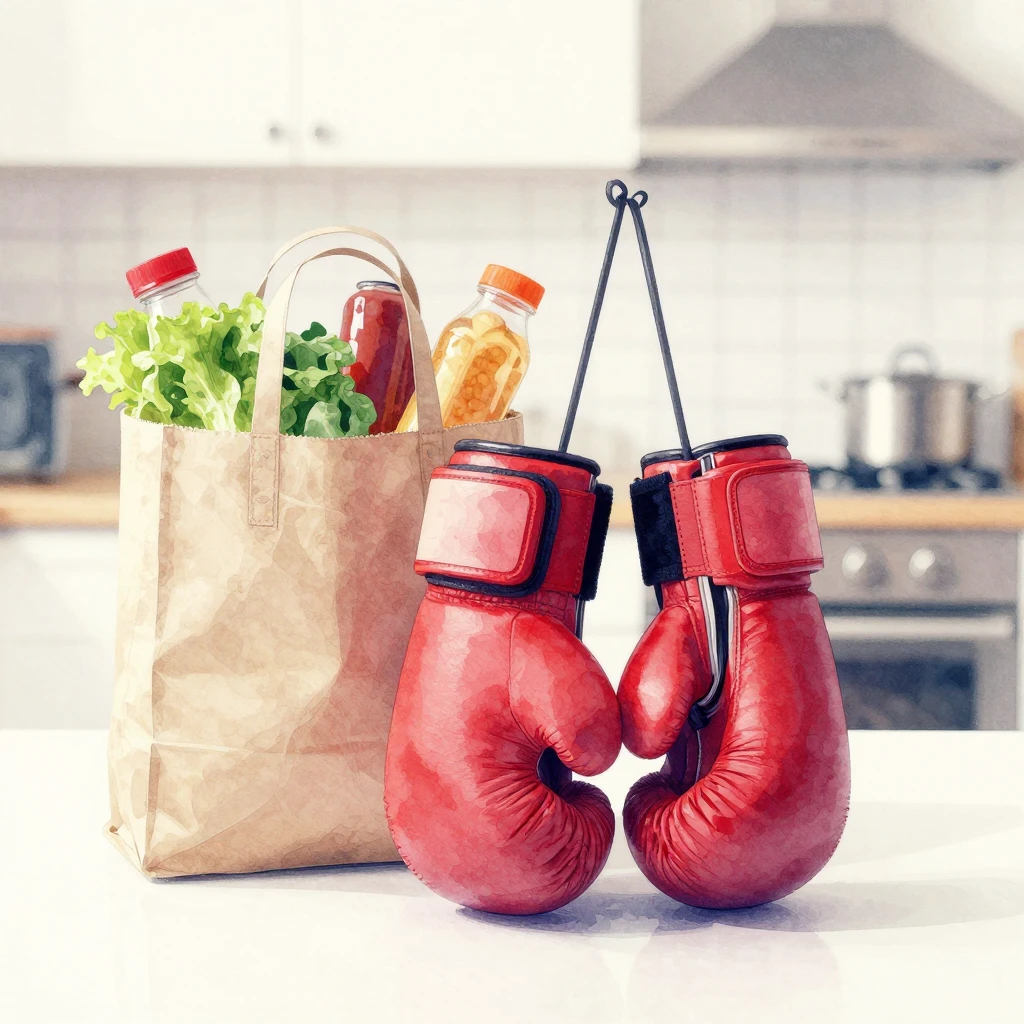 Watercolor style silhouette of boxing gloves in a kitchen ne...