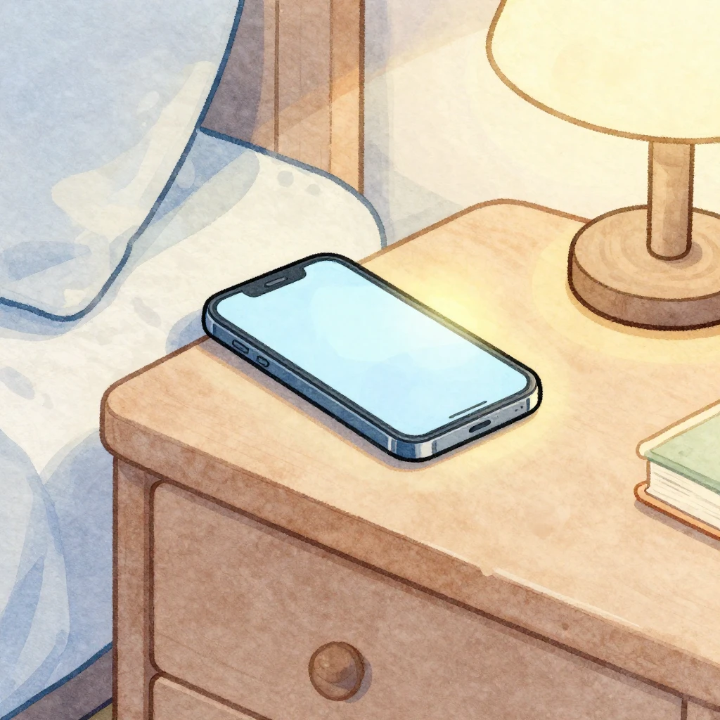 A watercolor cartoon illustration of a nightstand with a sma...