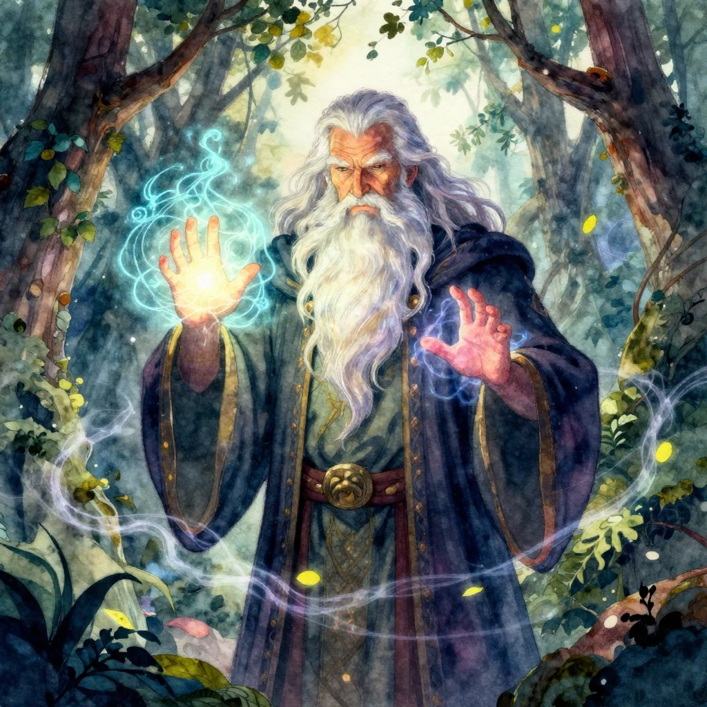A powerful, wise old wizard with a long, flowing beard stand...
