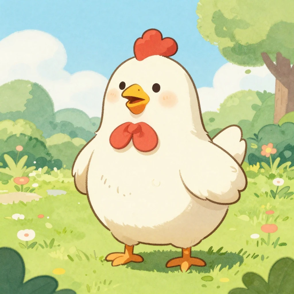 A funny cartoon chicken in a whimsical setting, bright color...