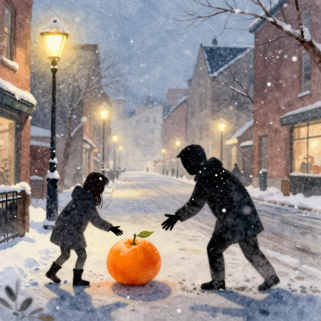 A whimsical watercolor painting set on a winter city street ...