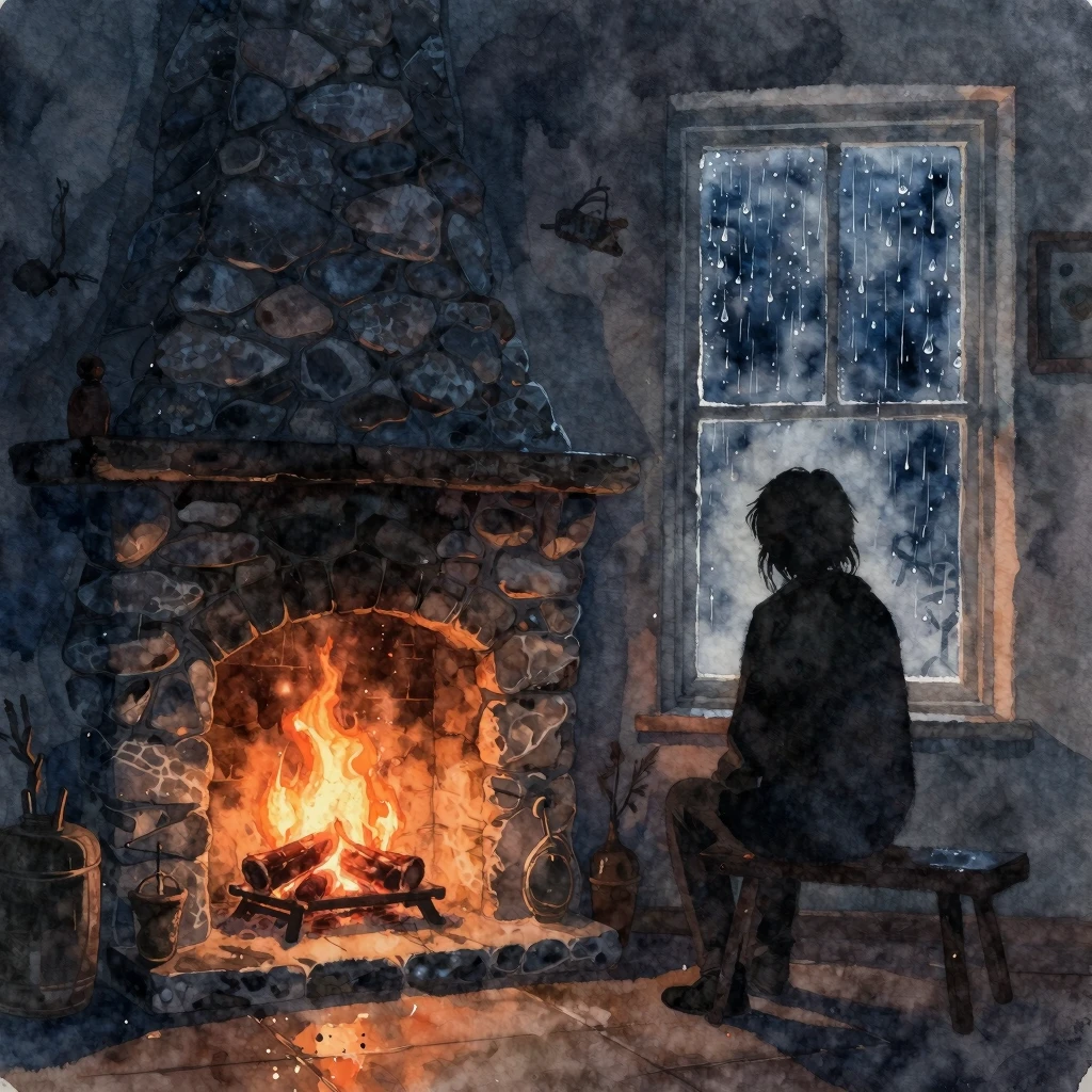 Watercolor style. A dark silhouette of a lonely person sitti...