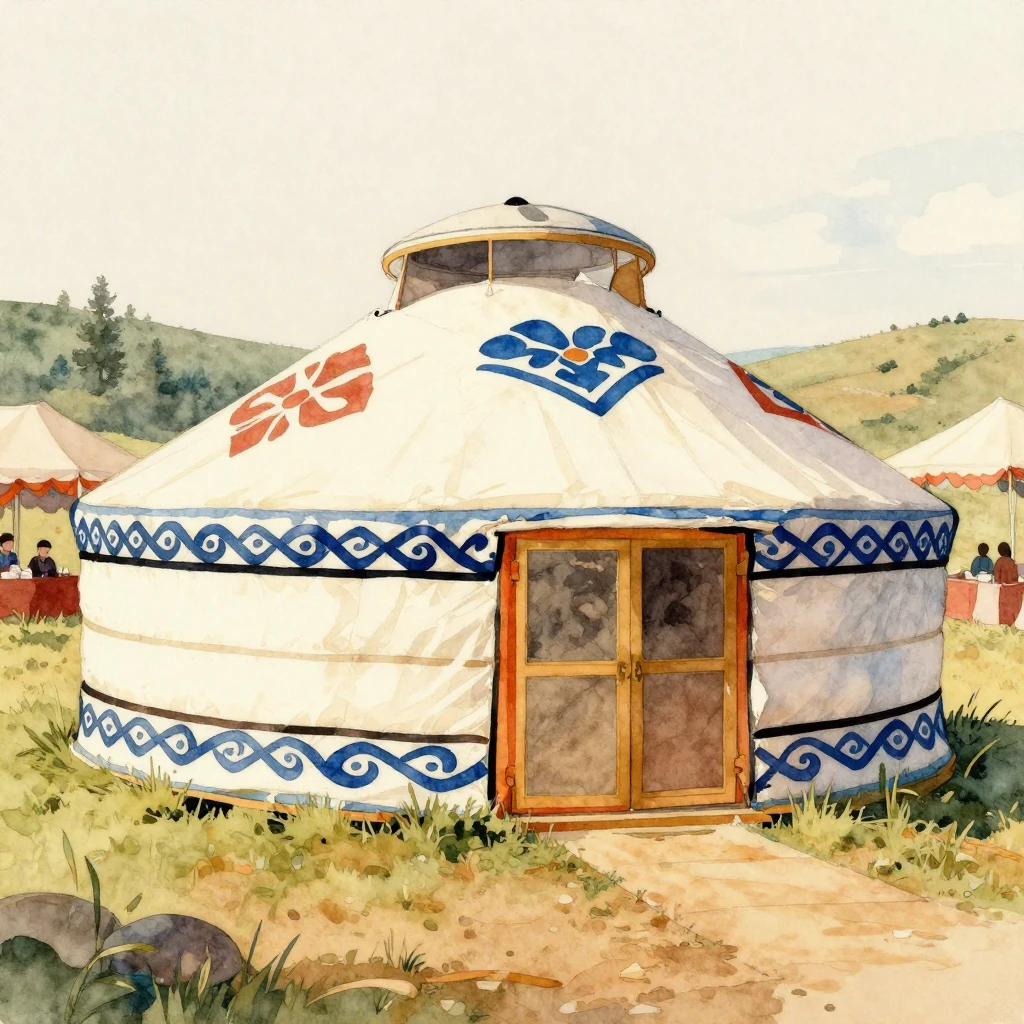 A vibrant watercolor painting of a traditional Kazakh yurt, ...