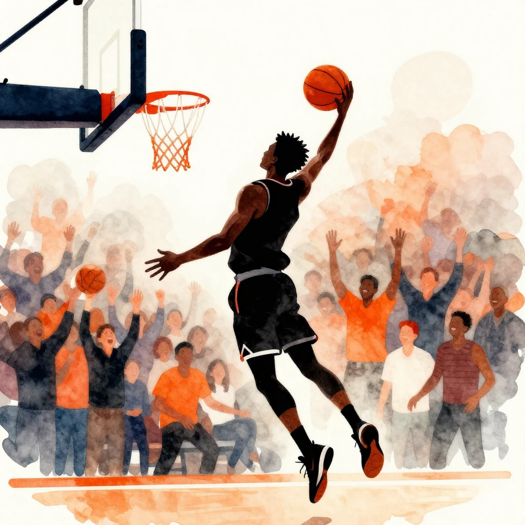 A dynamic basketball game scene, a player's silhouette in mi...