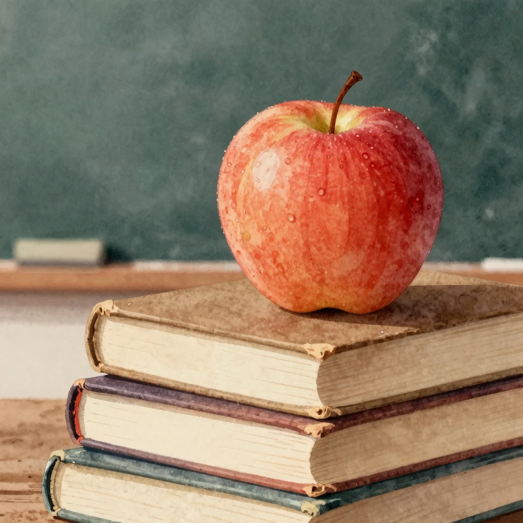 A warm watercolor illustration of a red apple on a stack of ...