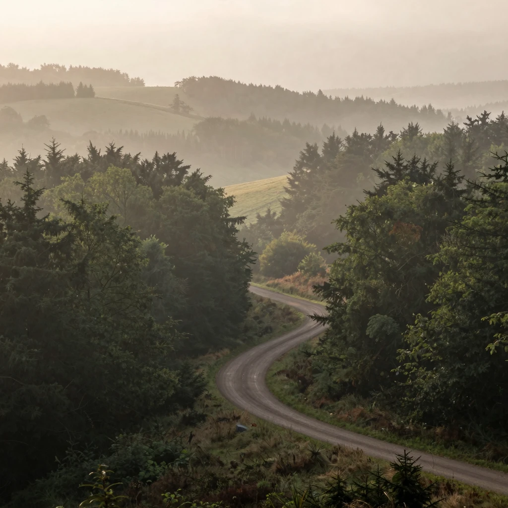 A wide shot of the Ardennes forest, with rolling hills and d...